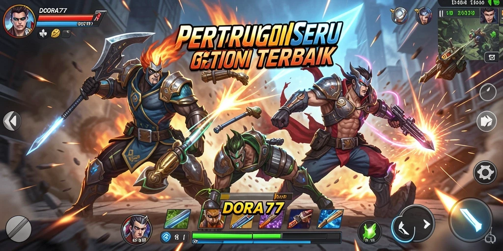 Screenshot DORA77 menampilkan aksi pertarungan seru di lingkungan yang dinamis.