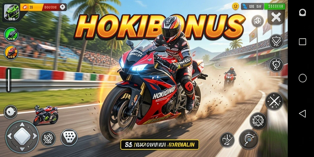 Screenshot gameplay HOKIBONUS menampilkan aksi balapan motor yang mendebarkan.
