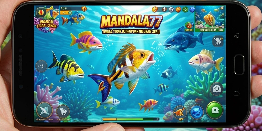 Screenshot gameplay MANDALA77 menampilkan aksi seru menembak ikan.