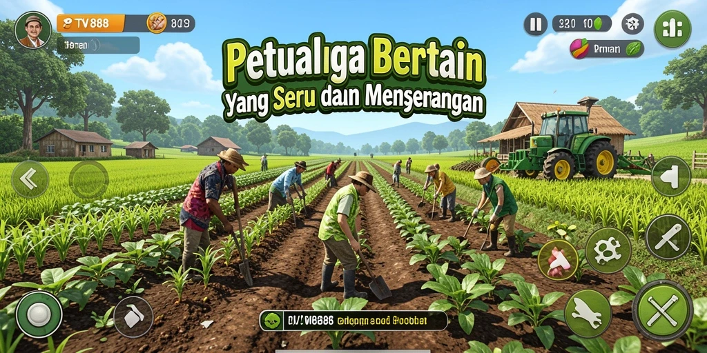 Screenshot gameplay <strong>TV888</strong> menampilkan ladang hijau yang subur dan hewan ternak.